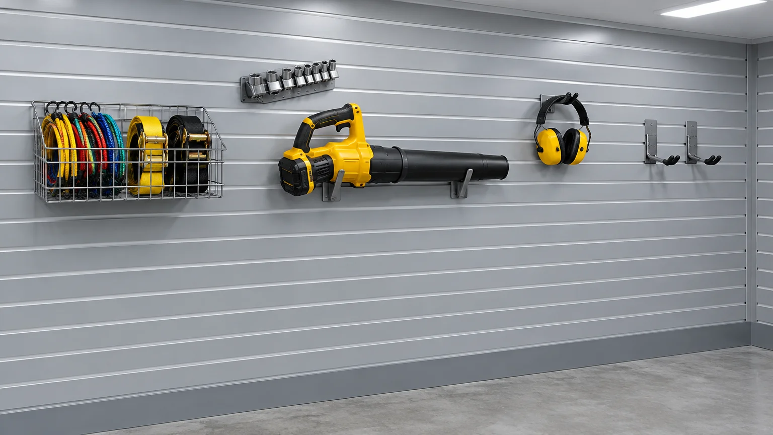Gray slatwall panel holding a wire basket, socket rail, leaf blower, earmuffs, and empty hooks above a concrete floor.