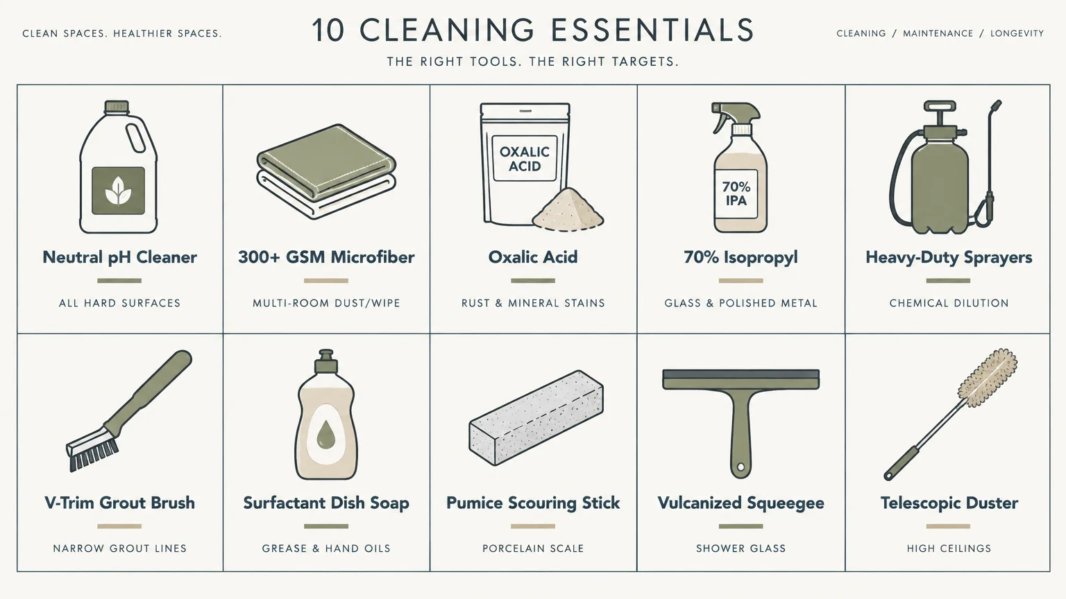 Grid showing 10 cleaning essentials with labels, including neutral pH cleaner, microfiber cloths, and oxalic acid.