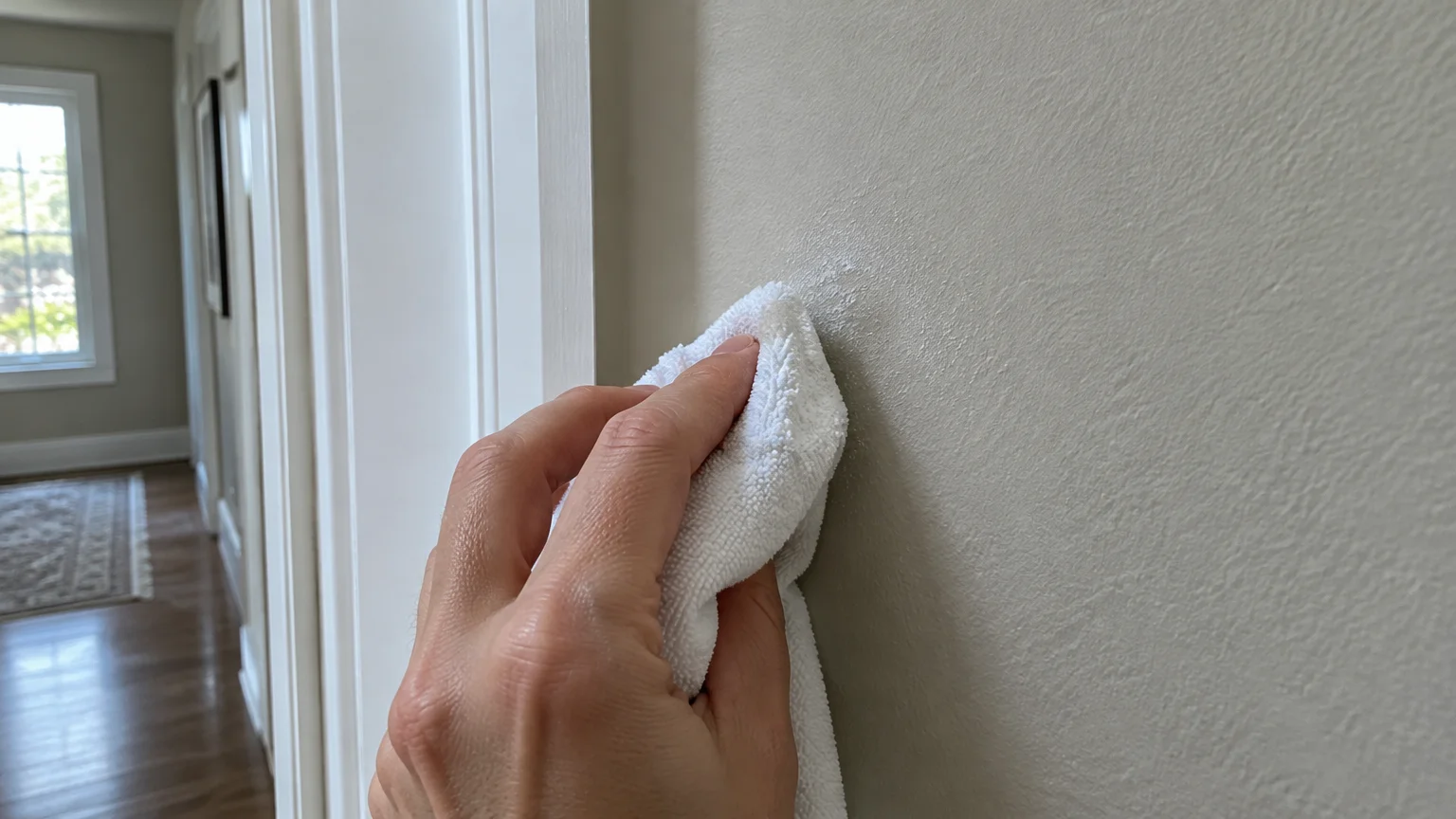 A hand uses a white microfiber cloth with white powder to wipe a painted wall beside white doorway molding.