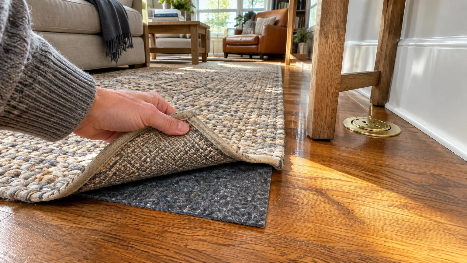 A person's hand lifts the corner of a woven area rug to reveal a non-slip pad underneath on hardwood flooring.
