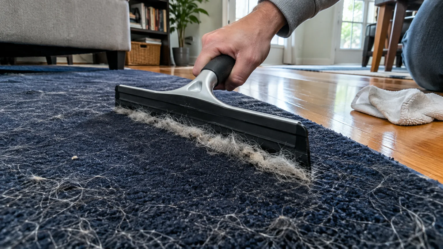 A person scraping a dark blue rug with a handheld window squeegee, gathering a thick line of pet hair along the blade.