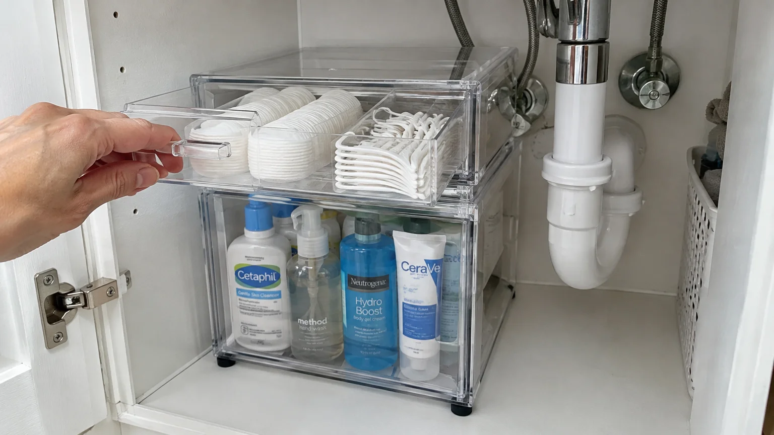 Stacked clear acrylic drawers under a sink holding toiletries, with a hand opening the top drawer of floss and cotton pads.