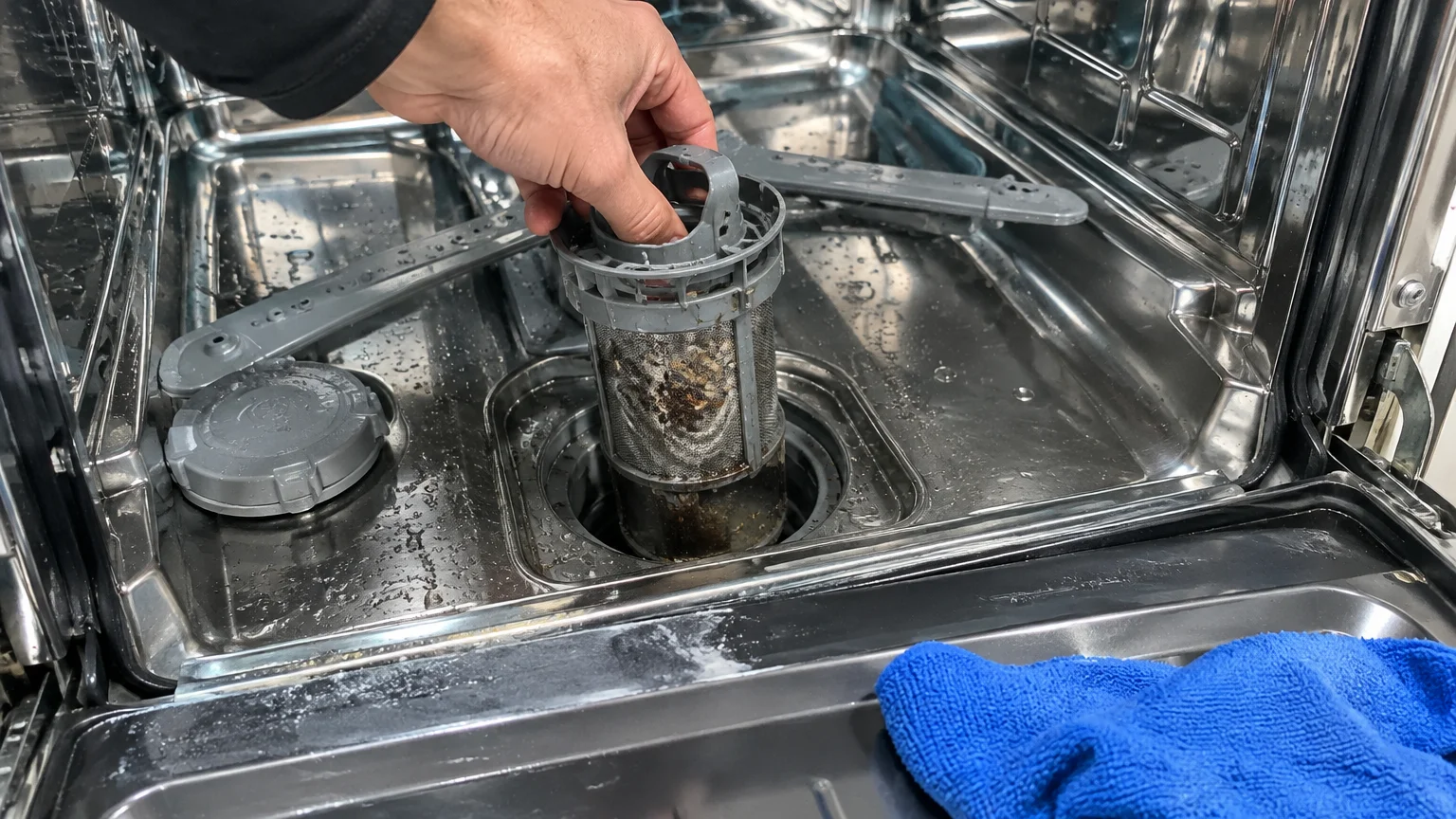 A hand lifts a dirty cylindrical mesh filter out of the bottom of an open stainless steel dishwasher.
