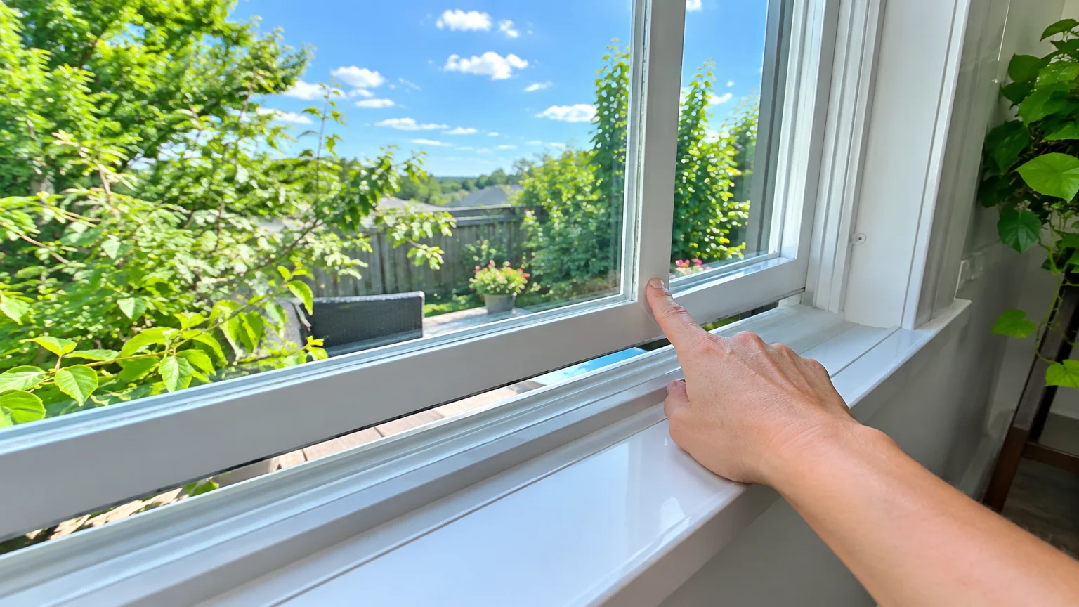 A person's index finger gently pushes a white sliding window open along a clean, gleaming track overlooking a sunny yard.
