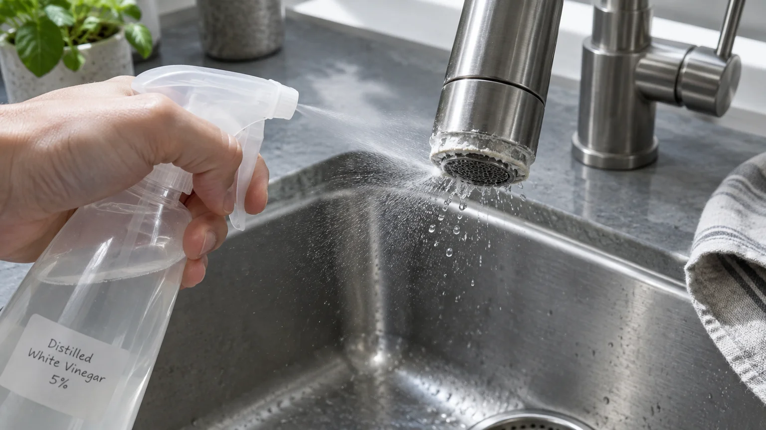 Hand spraying vinegar from a clear plastic spray bottle onto mineral buildup on a stainless steel faucet aerator.