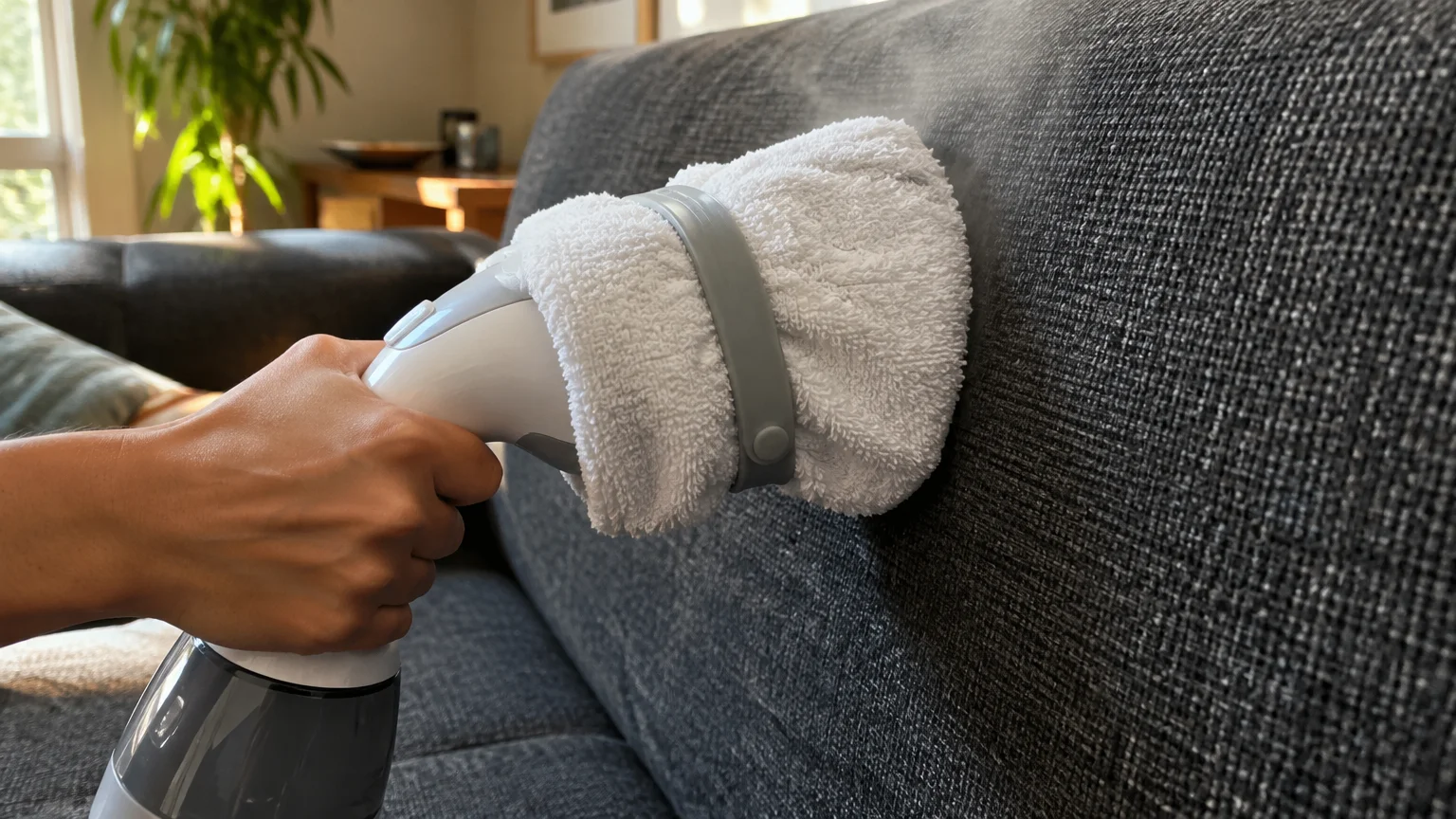 A handheld steamer covered with a white terry cloth towel being applied to the fabric cushion of a dark gray sofa.