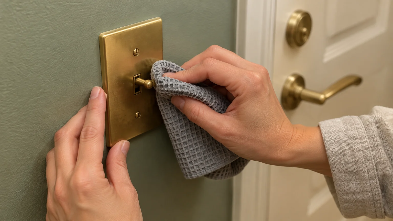 A person wiping a brass toggle light switch on a green wall with a gray waffle-weave cloth.