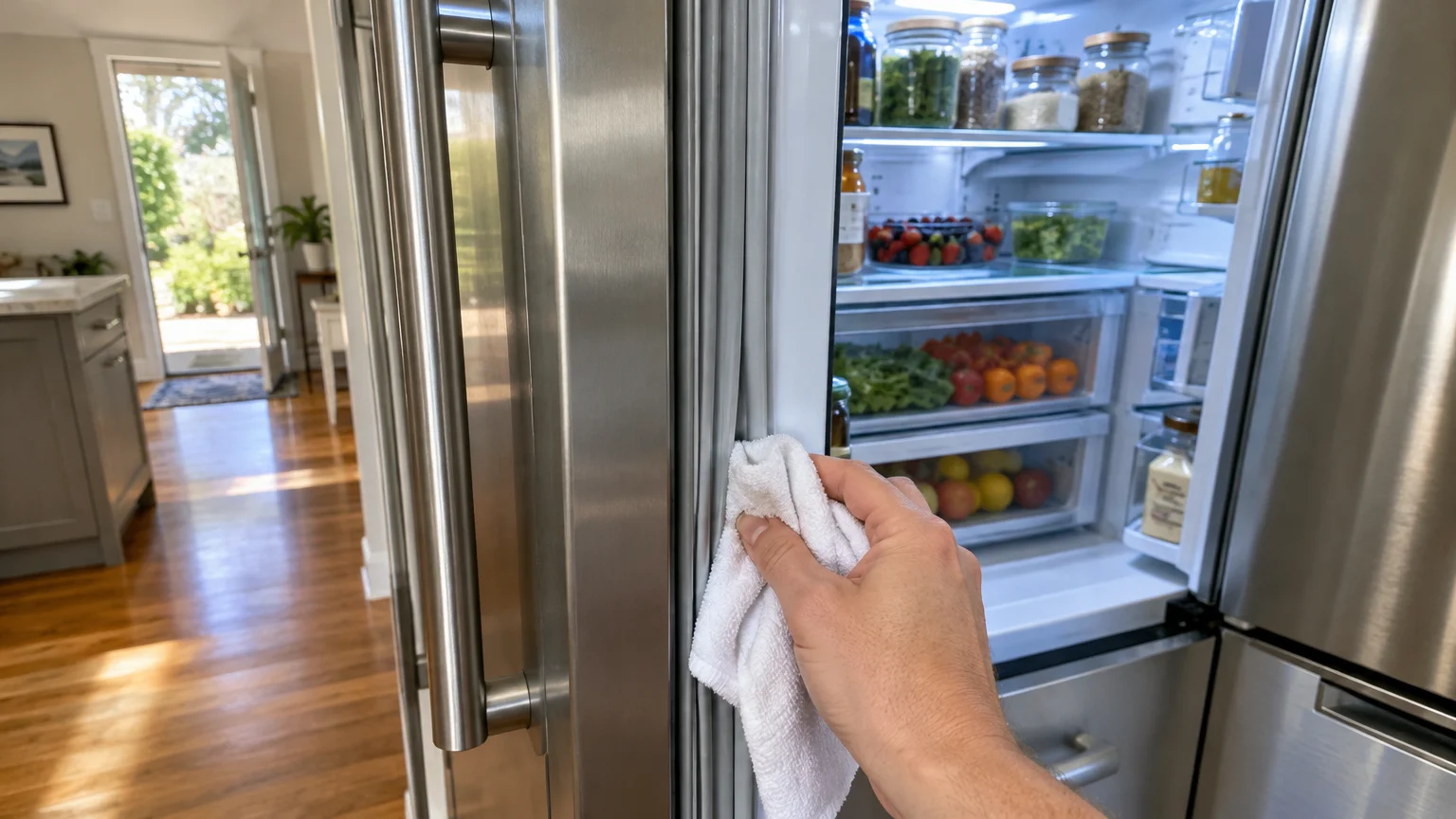 A person using a white cloth to wipe the rubber gasket seal along an open stainless steel refrigerator door.