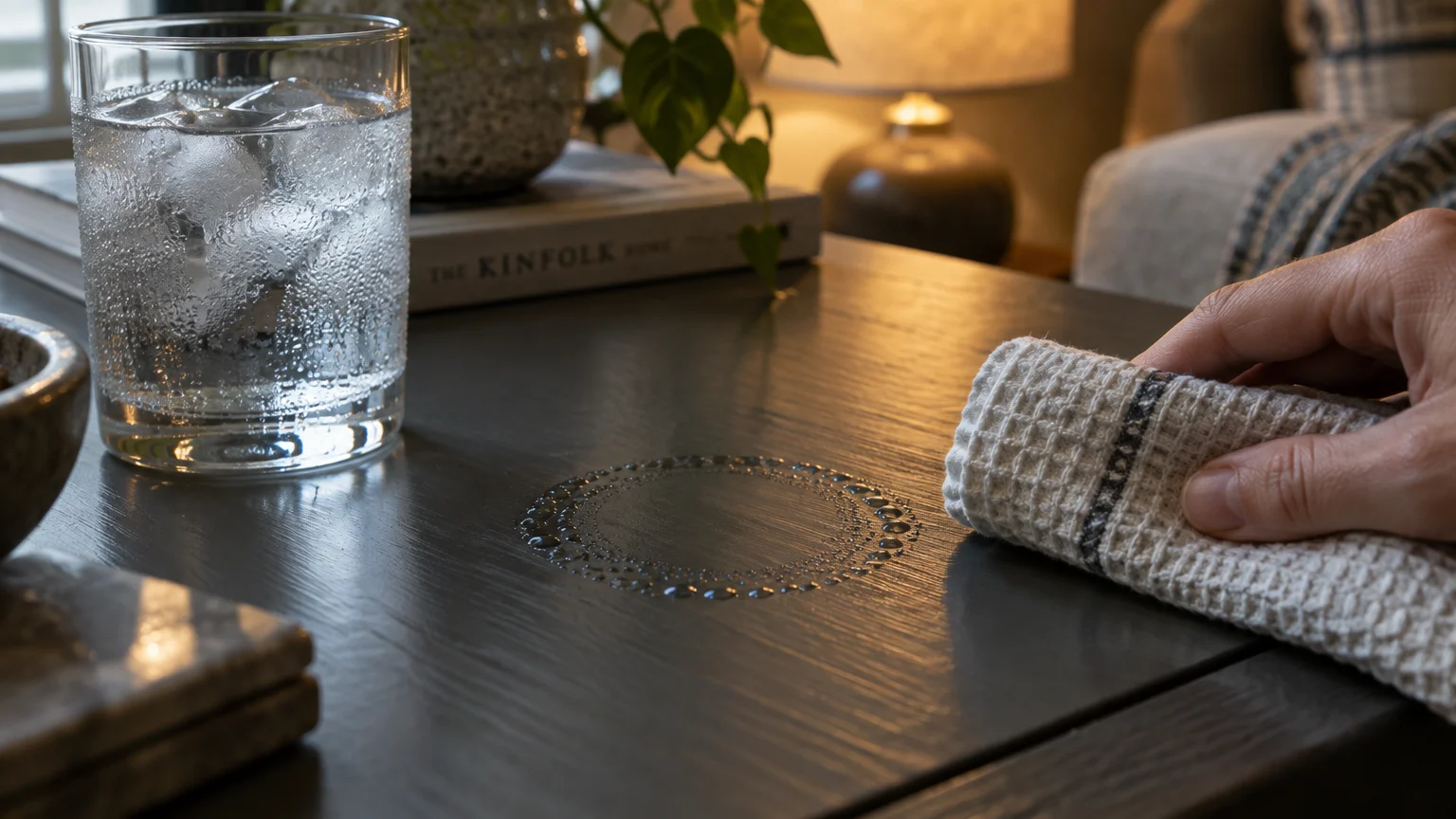 A hand wiping a ring of water droplets off a dark wooden table beside a glass of ice water.