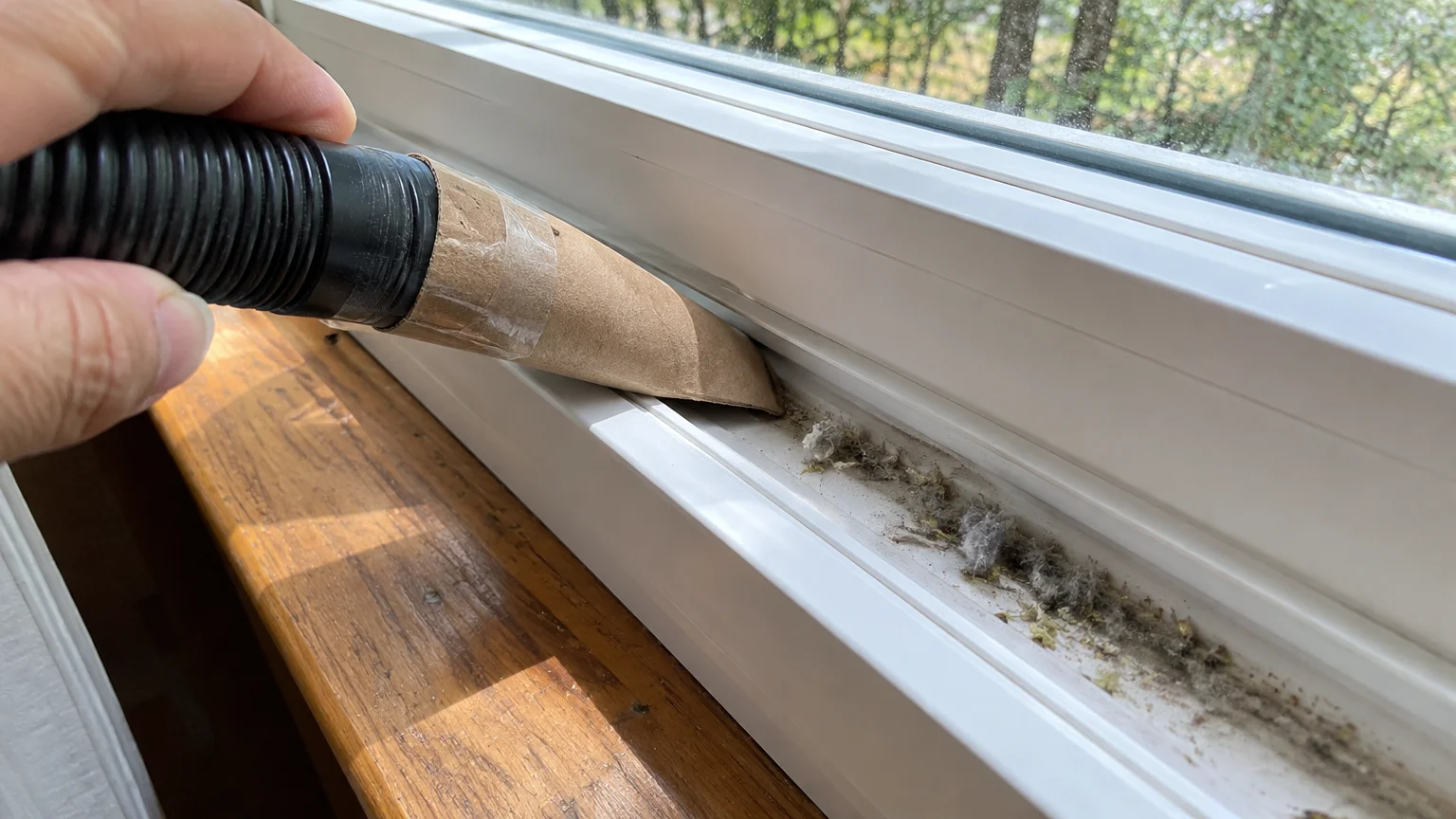 Hand using a vacuum hose fitted with a taped cardboard tube to suction dust from a white window track.