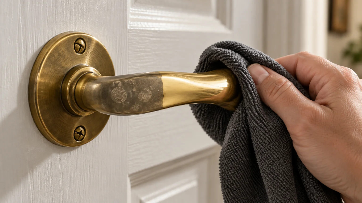 A hand wiping a tarnished brass door handle with a grey microfiber cloth, revealing a shiny, polished finish underneath.