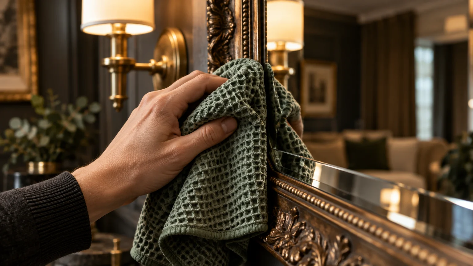 A hand uses a green waffle-weave microfiber cloth to wipe the beveled edge of an ornate framed mirror.