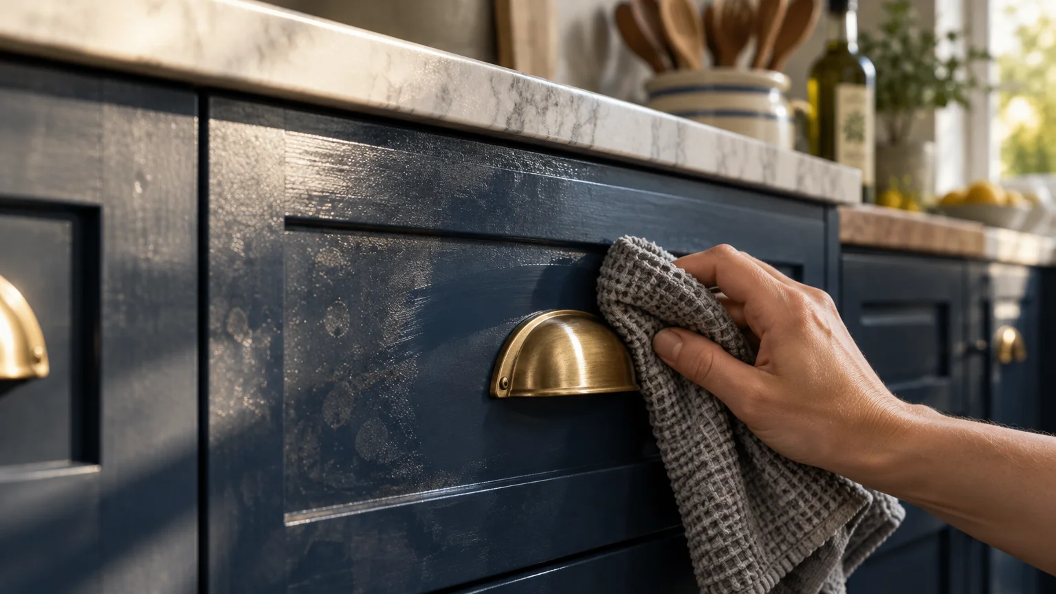 A hand wiping a dark blue kitchen drawer and brass cup pull handle with a textured gray cloth.
