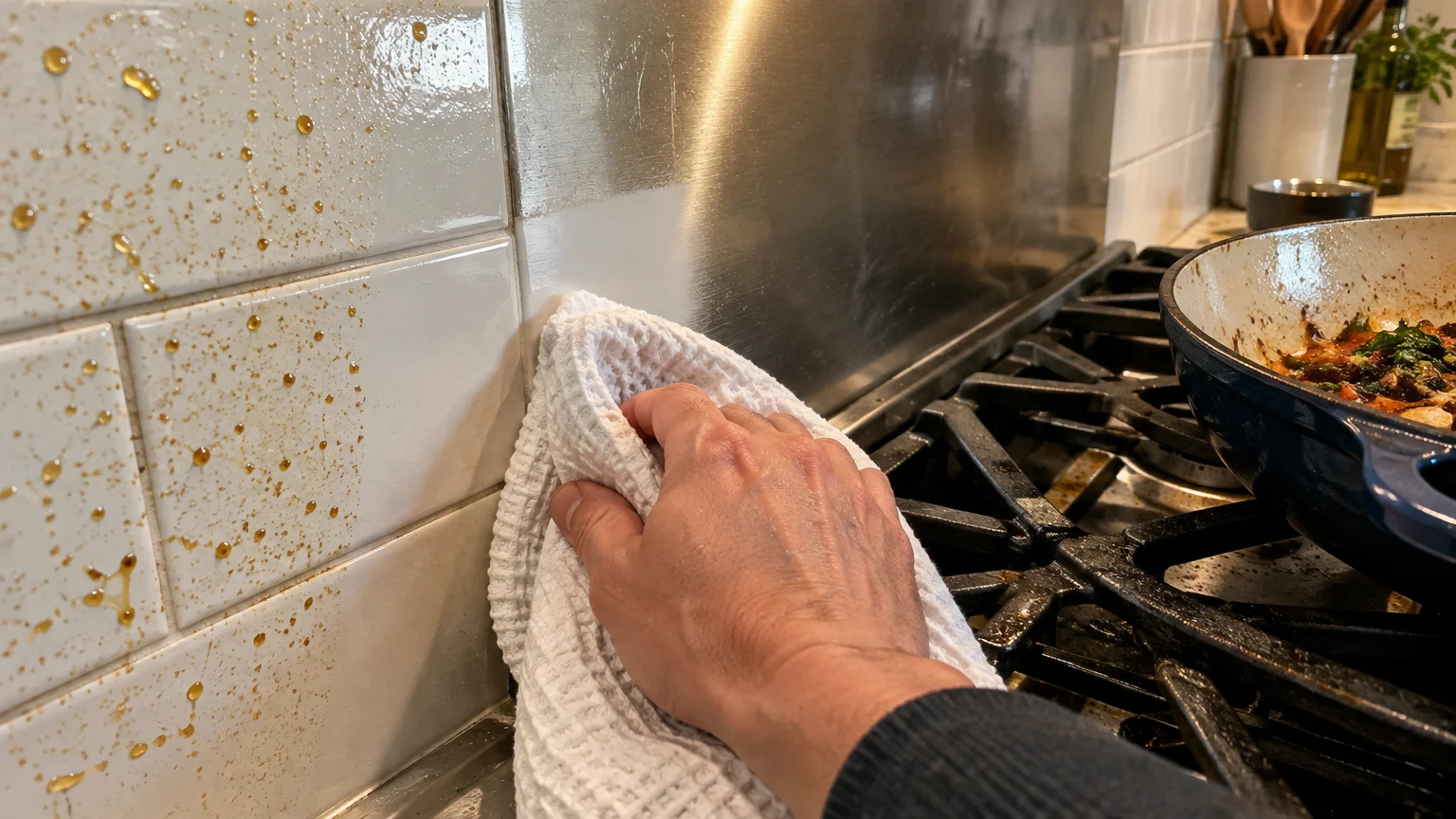 A hand wiping grease splatters off a kitchen tile backsplash and stainless steel wall with a white cloth next to a stove.