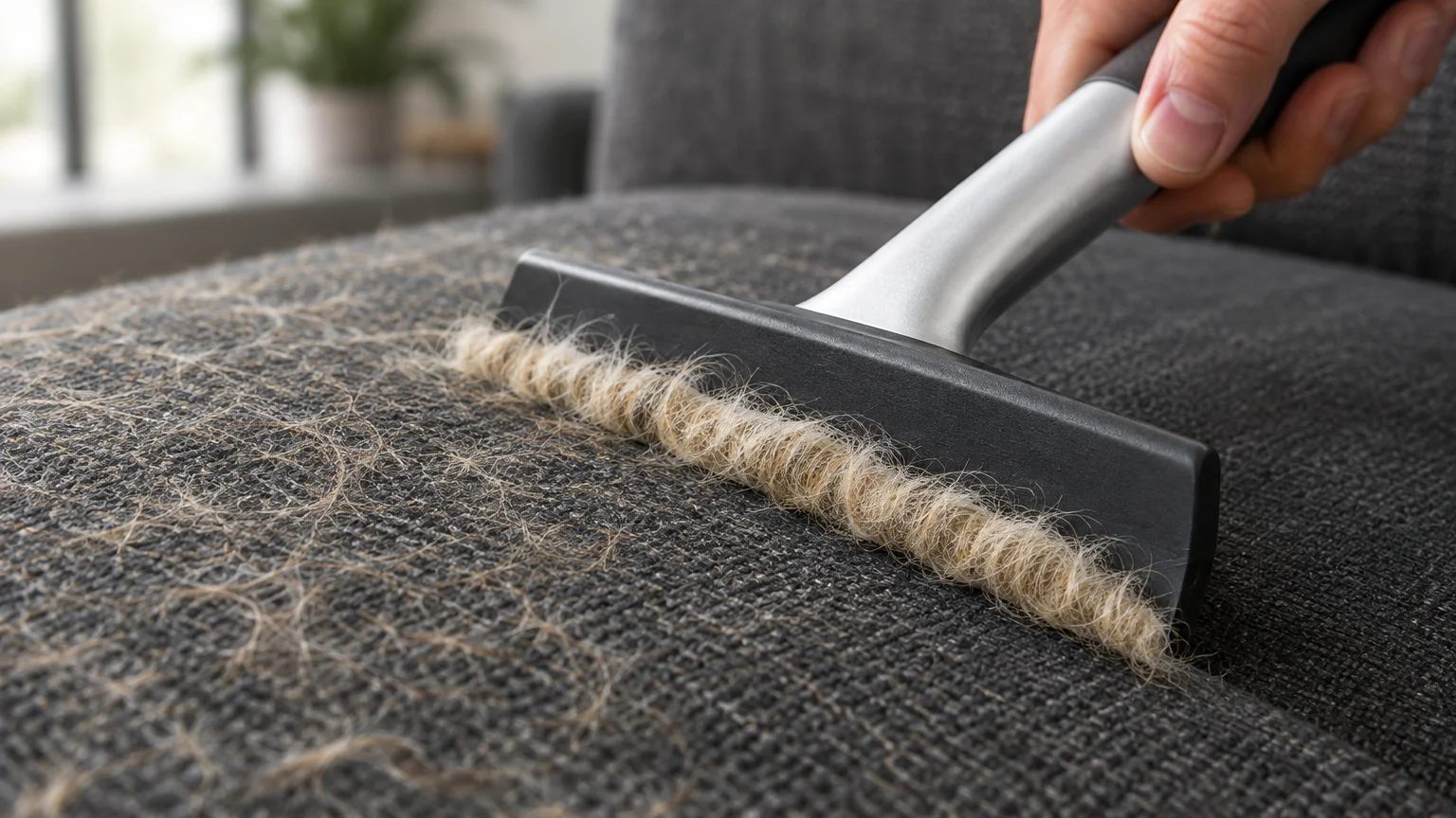 Hand scraping a rubber squeegee across gray upholstery fabric, gathering a thick roll of light pet hair.