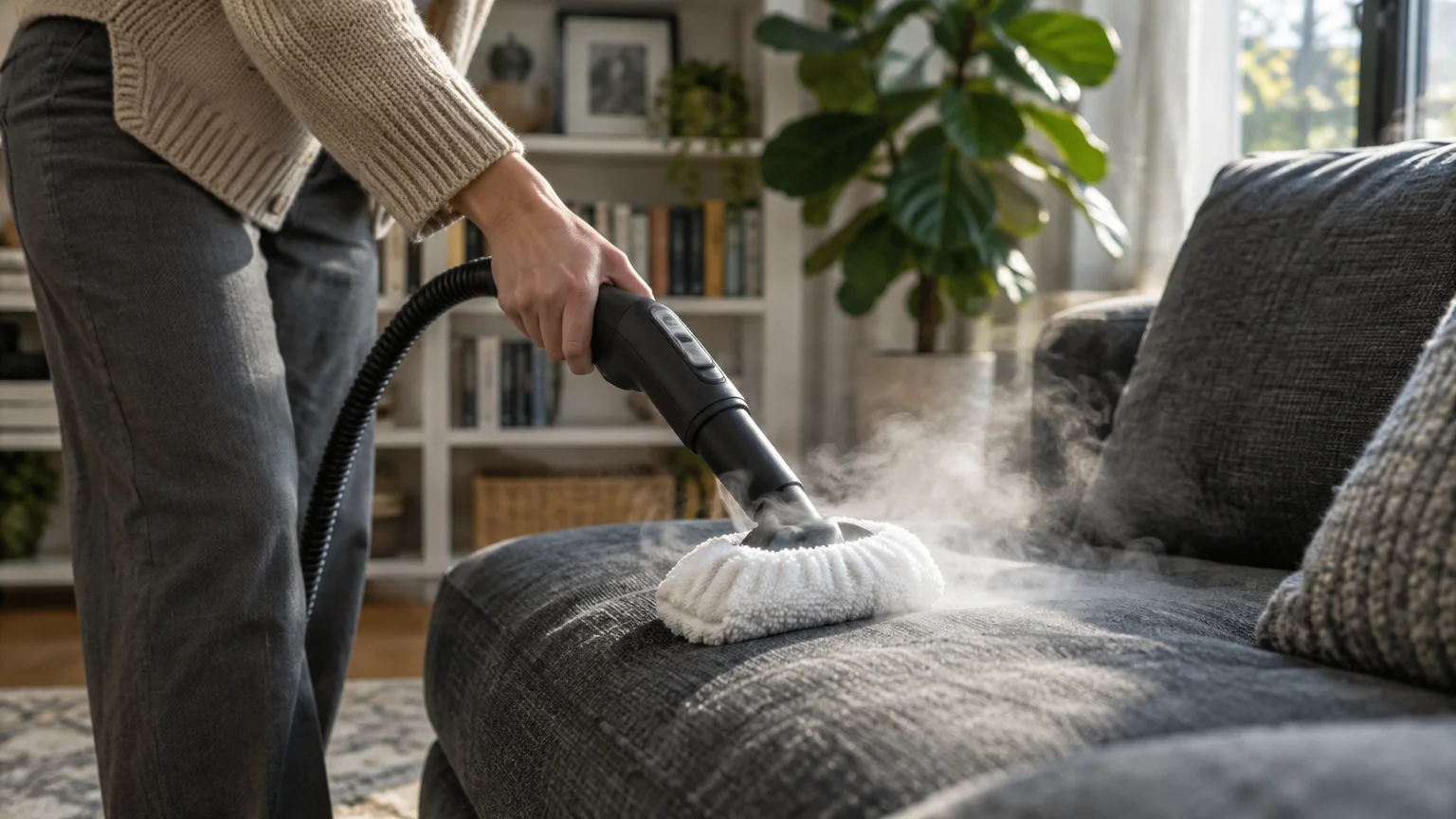 Handheld steam cleaner with a white cloth cover emitting steam onto a dark gray fabric sofa cushion.