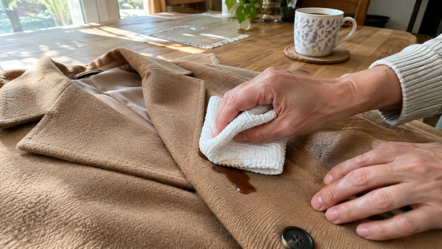 A person using a white cloth to blot a dark liquid spill on the lapel of a tan wool coat.