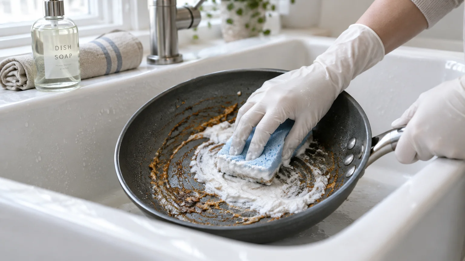 Gloved hands scrubbing a burnt non-stick frying pan with a soapy blue sponge in a white kitchen sink.