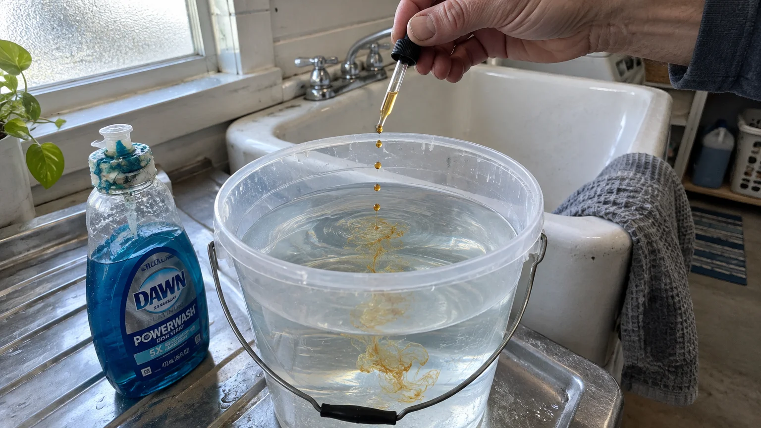 A hand uses a dropper to dispense liquid into a bucket of water next to a bottle of dish soap.