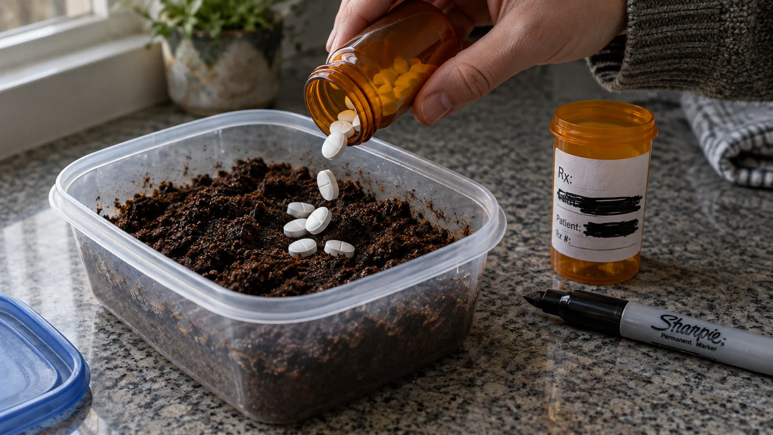 A person pouring white pills from an amber prescription bottle into used coffee grounds inside a plastic container.