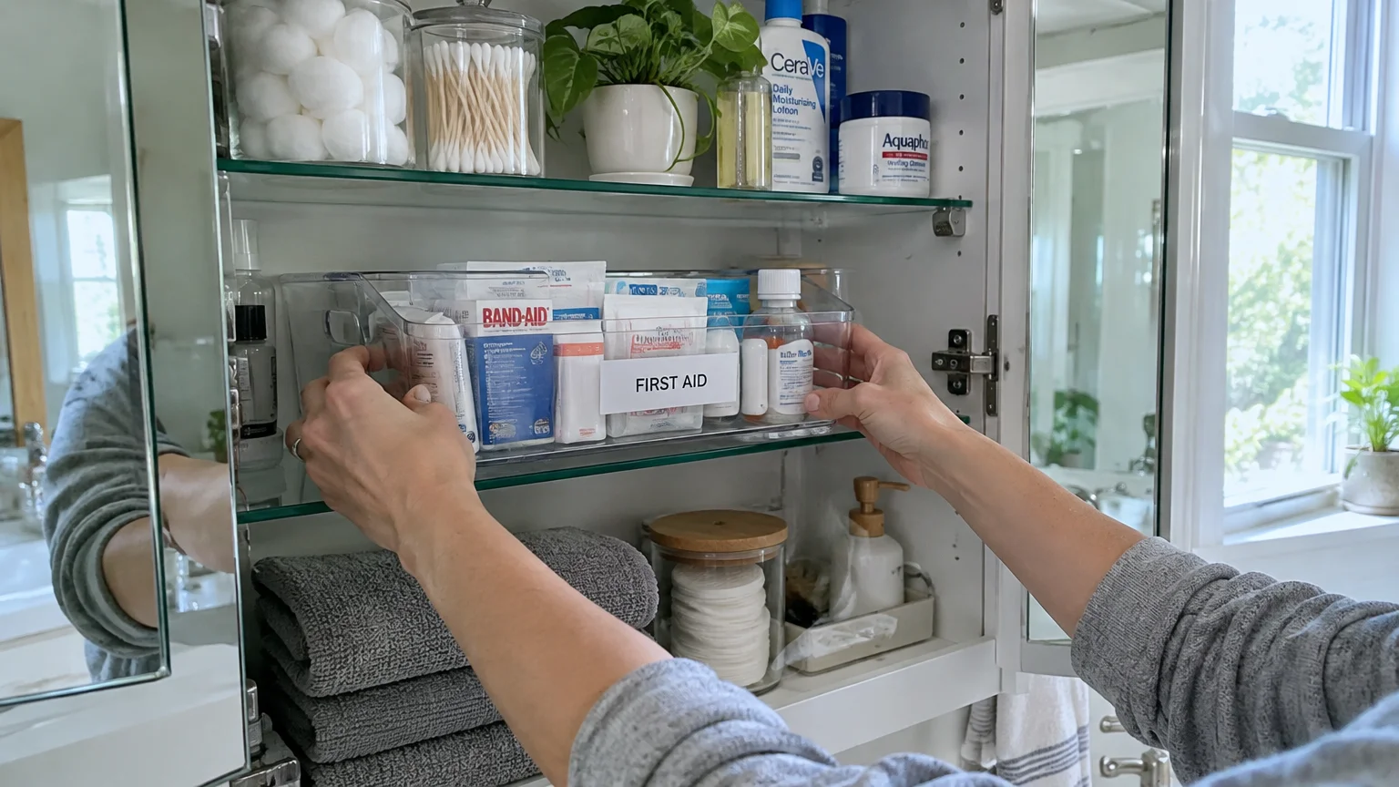 Hands placing a clear plastic organizer bin labeled FIRST AID onto a shelf inside an open medicine cabinet.