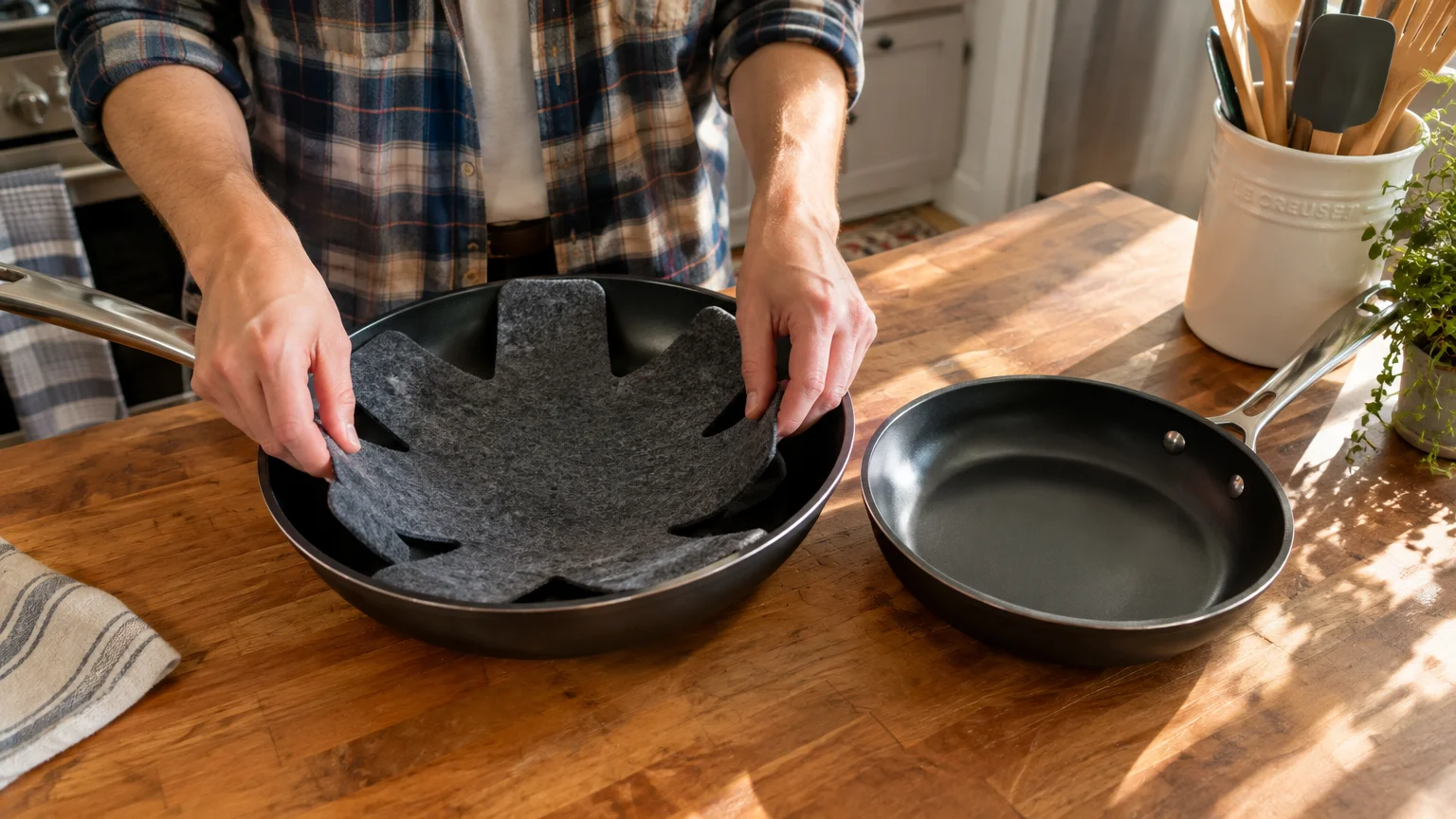 A person places a star-shaped grey felt cookware protector inside a black non-stick skillet on a wooden kitchen counter.