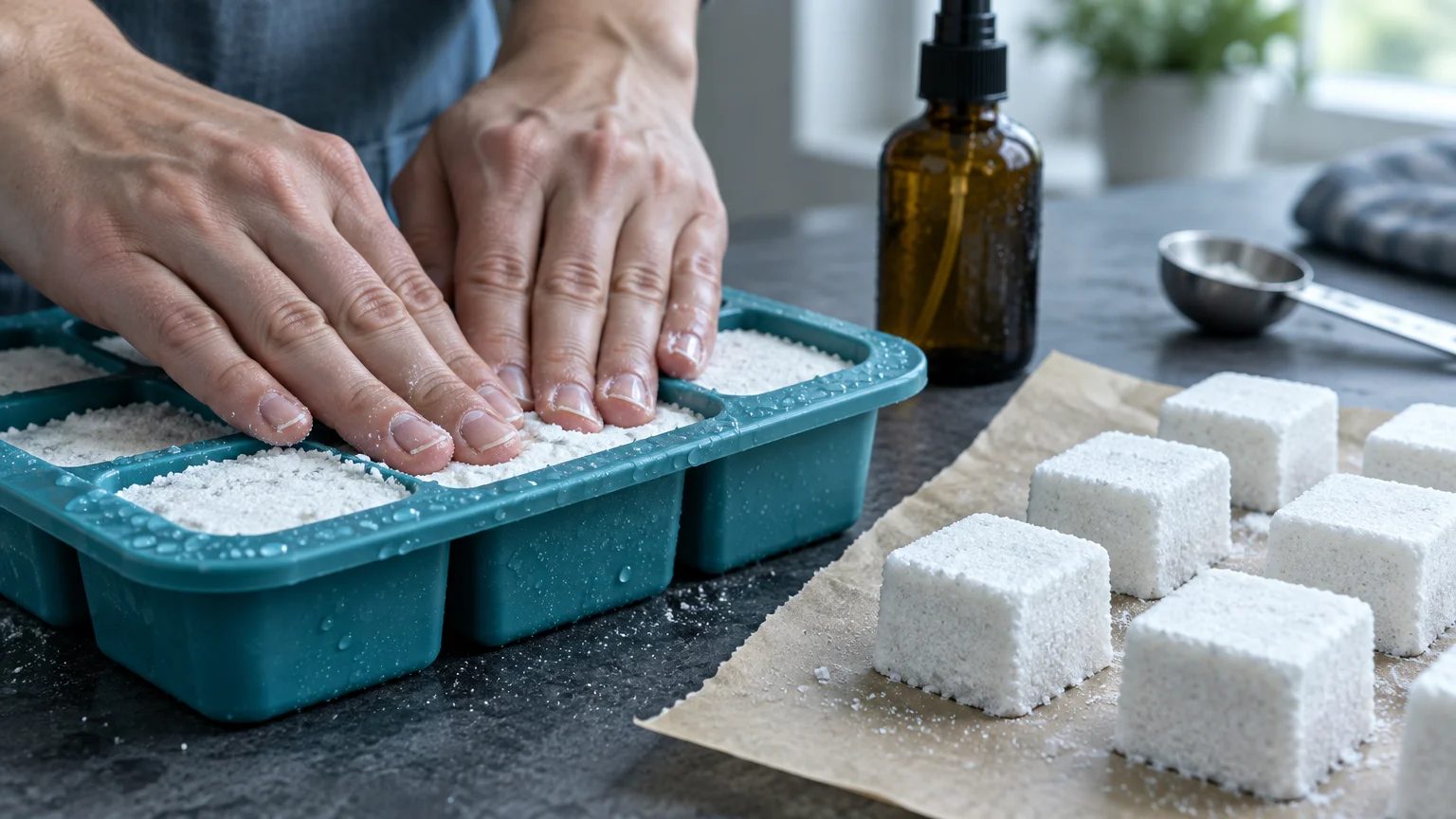Hands pressing white powder into a teal silicone ice cube mold beside finished square white cubes on parchment paper.