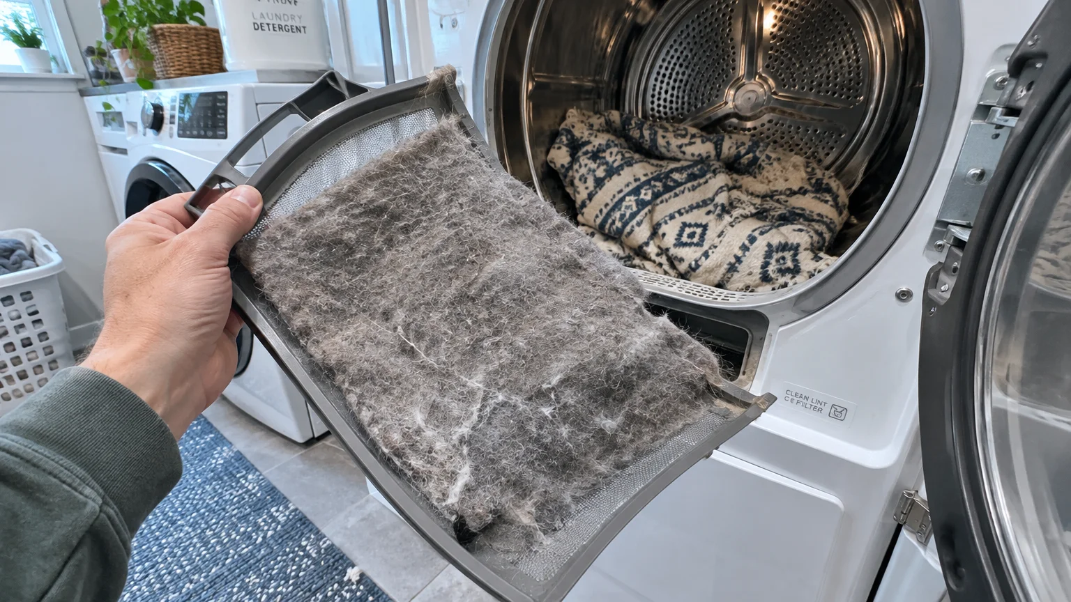 A hand holding a dryer lint trap thick with gray pet hair in front of an open dryer drum containing a blanket.