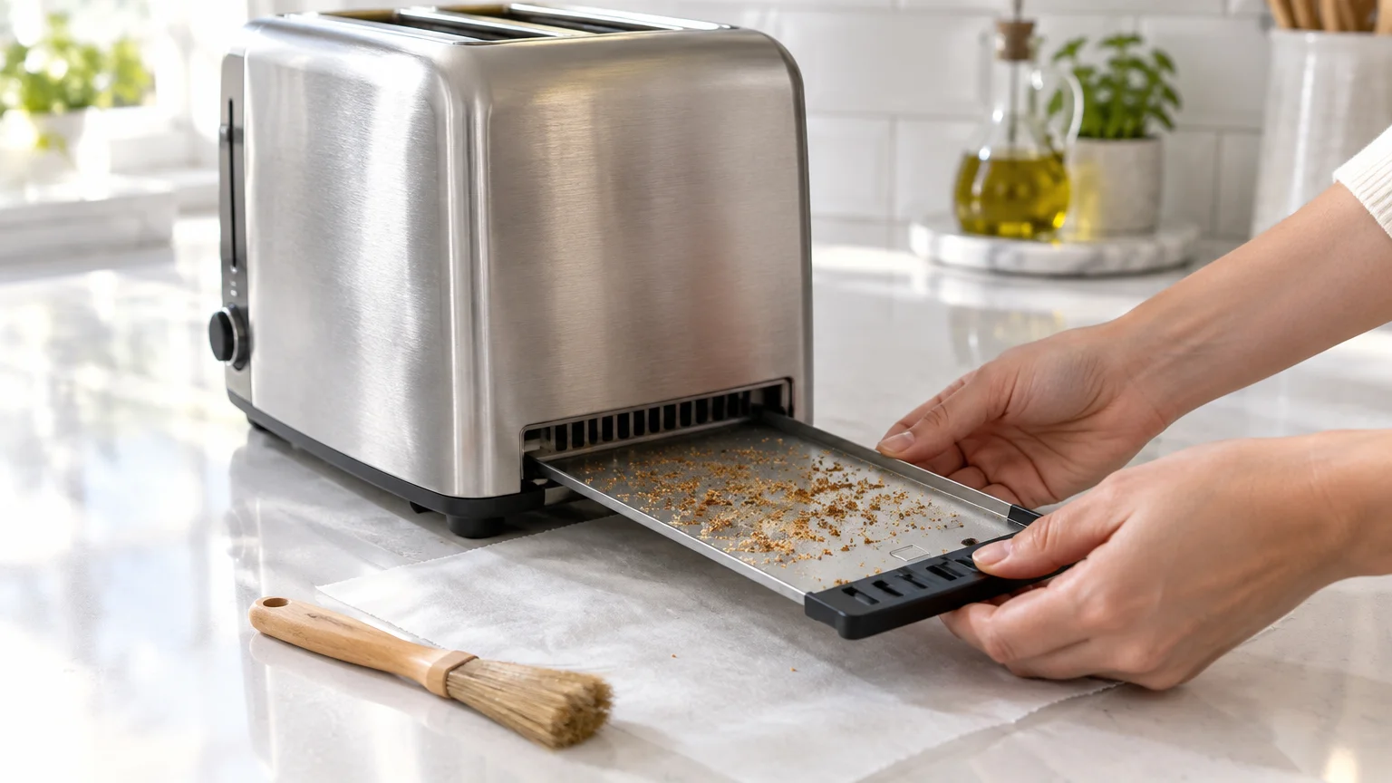 Hands pulling a crumb-covered slide-out tray from the base of a stainless steel toaster on a kitchen counter.
