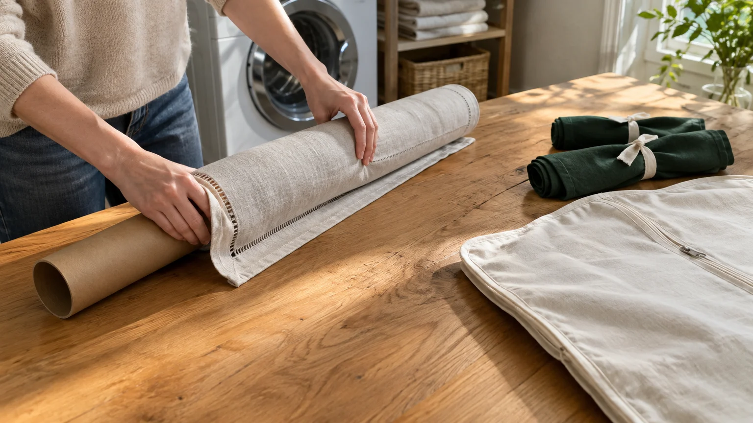 Hands rolling a linen tablecloth onto a cardboard tube on a wooden table beside rolled napkins and a storage bag.