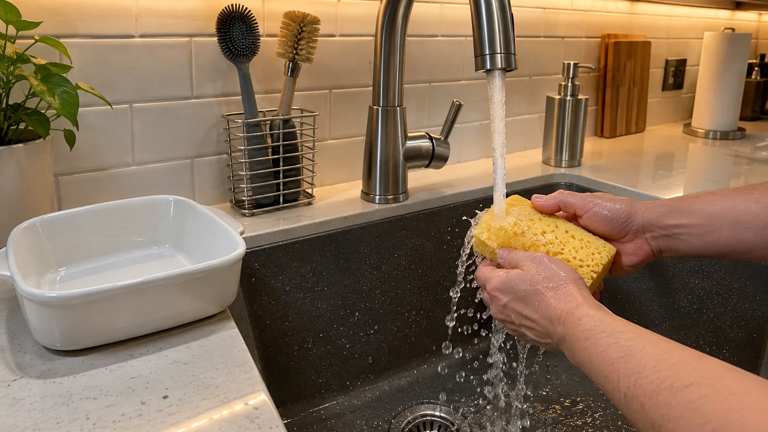 Hands holding a yellow cleaning sponge under running water from a kitchen sink faucet.
