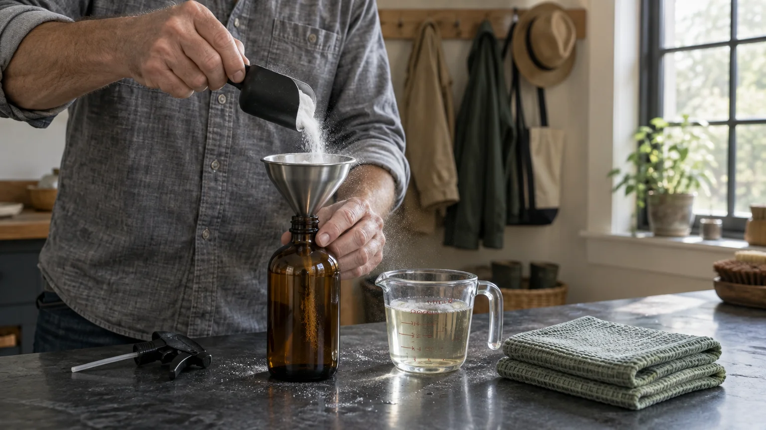 A person pours white powder through a metal funnel into an amber spray bottle on a counter near a measuring cup.