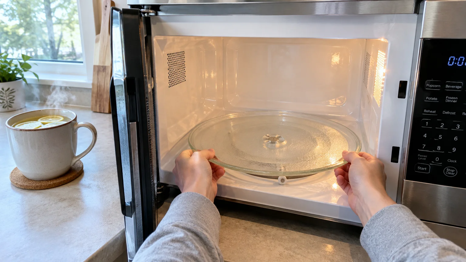 Hands placing a round glass turntable plate inside an open, clean microwave next to a steaming mug with lemon slices.
