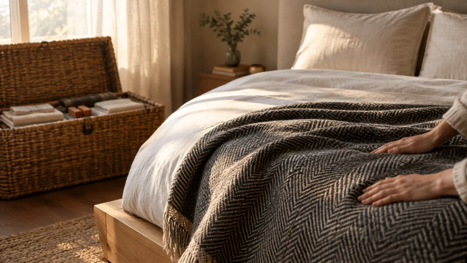 Hands smoothing a herringbone wool blanket onto a bed beside an open woven storage trunk filled with linens.