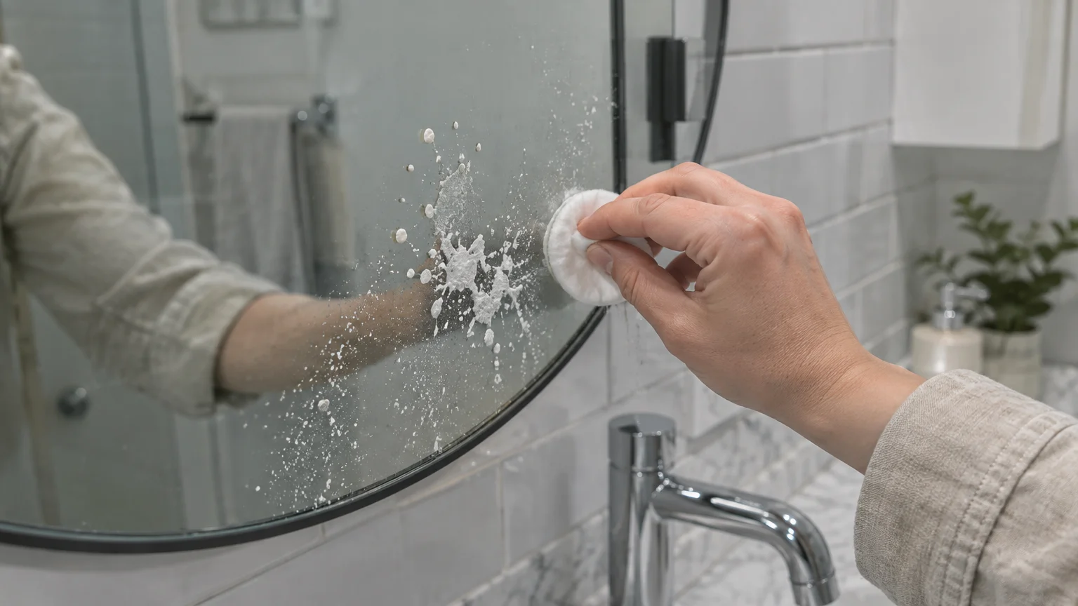 A hand wiping white splatters off an oval bathroom mirror using a small round cotton pad.