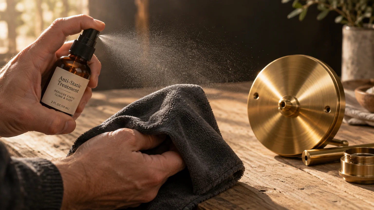 A person sprays an anti-static mist onto a dark microfiber cloth next to brass lighting fixture parts on a wooden table.