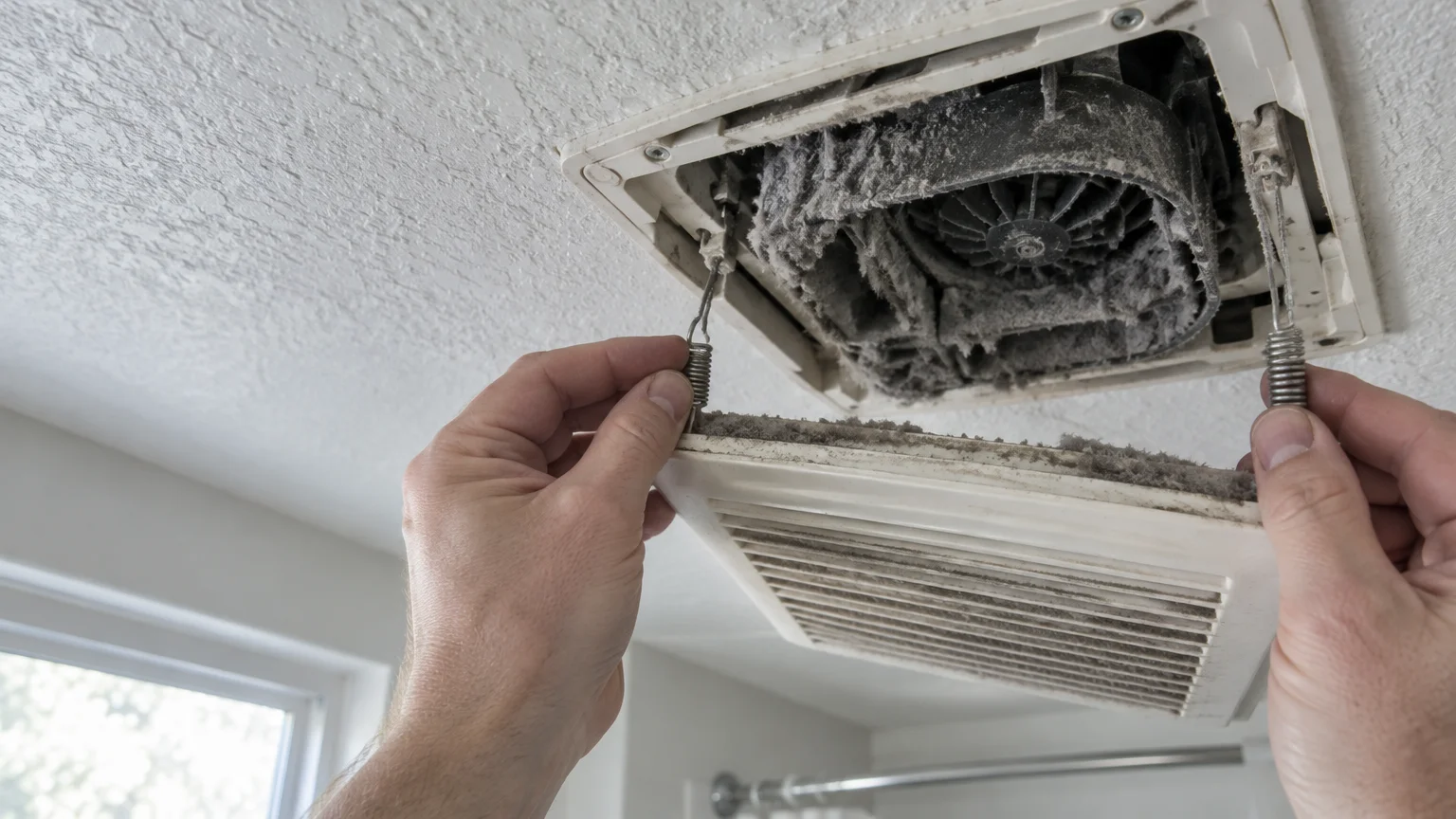 Hands pull down a plastic vent cover, exposing a ceiling exhaust fan heavily coated in thick gray dust and lint.