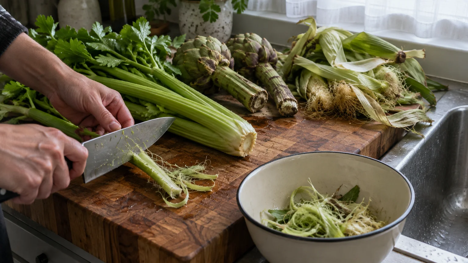 A person chops celery on a wooden cutting board beside artichokes, corn husks, and a bowl of vegetable scraps.
