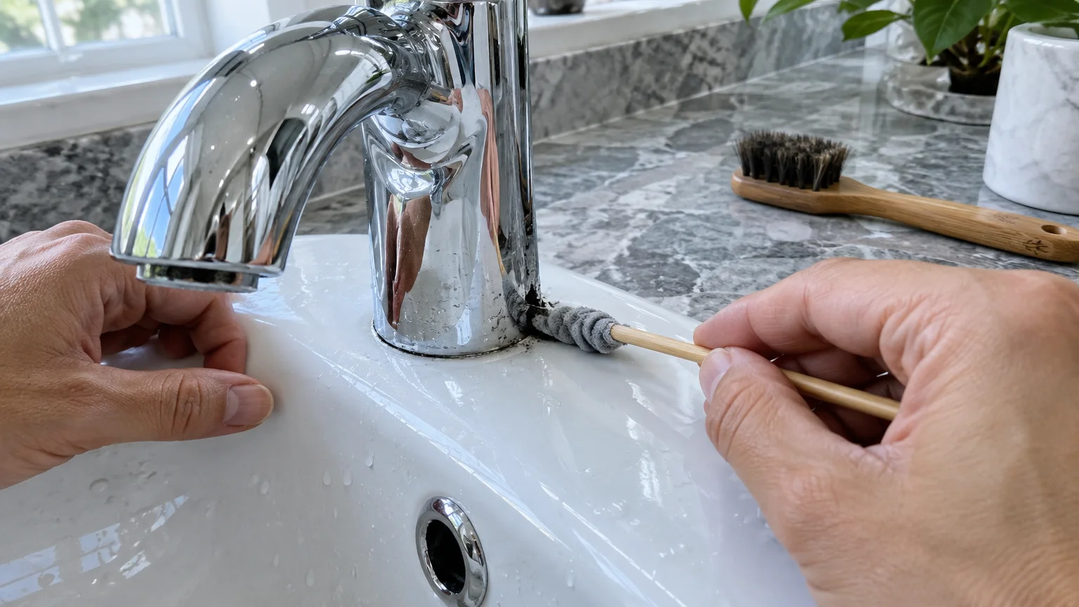 Person cleaning grime around the base of a chrome bathroom faucet with a cloth-wrapped wooden stick.