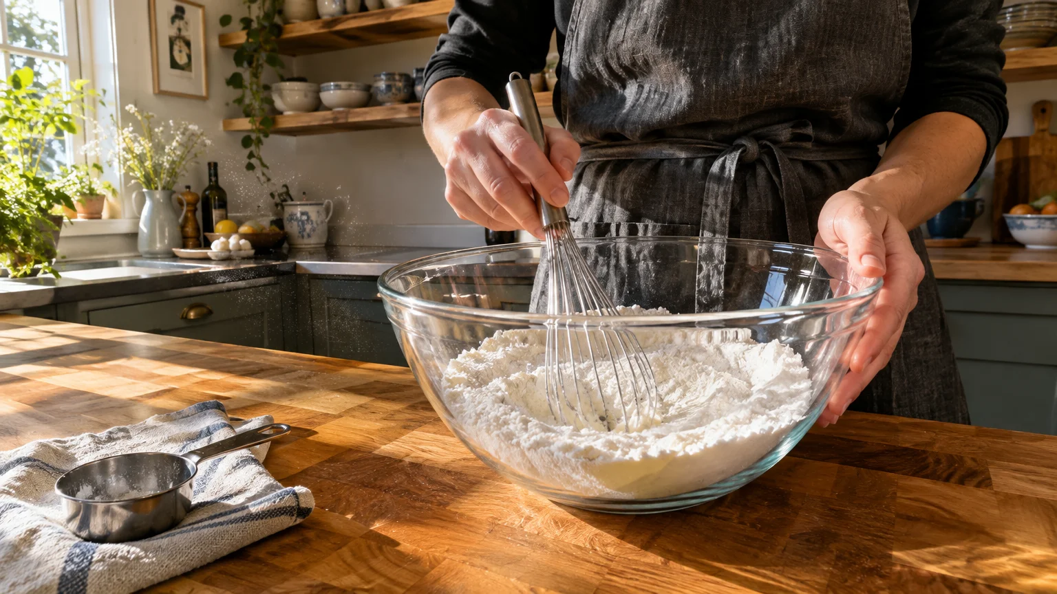 A person wearing an apron uses a metal whisk to mix white powder in a large clear glass bowl on a wooden counter.