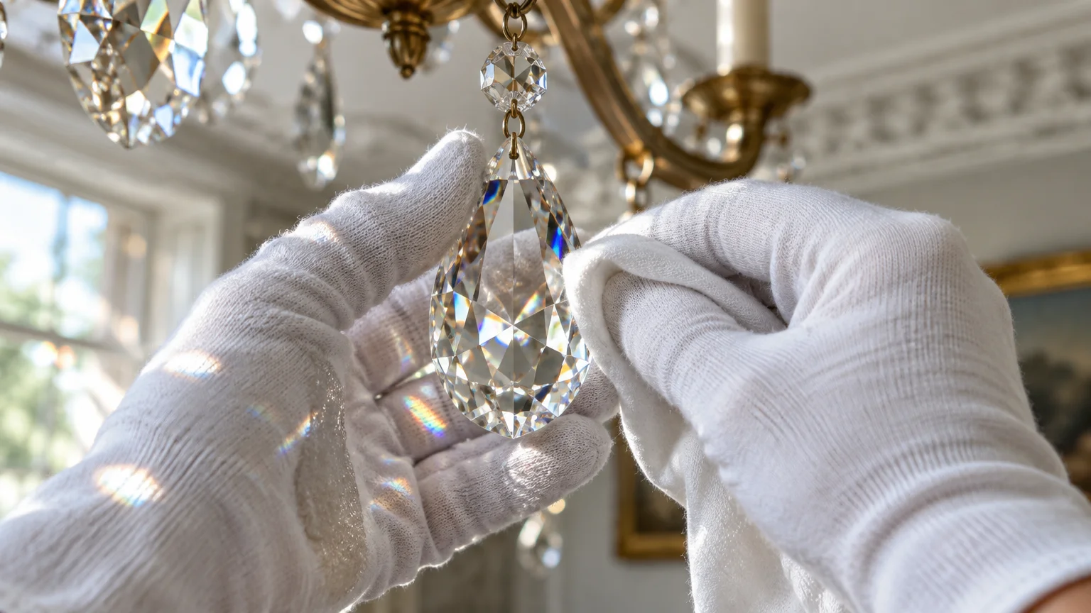 Hands in white cotton gloves wiping and polishing a faceted crystal prism hanging from a brass chandelier.