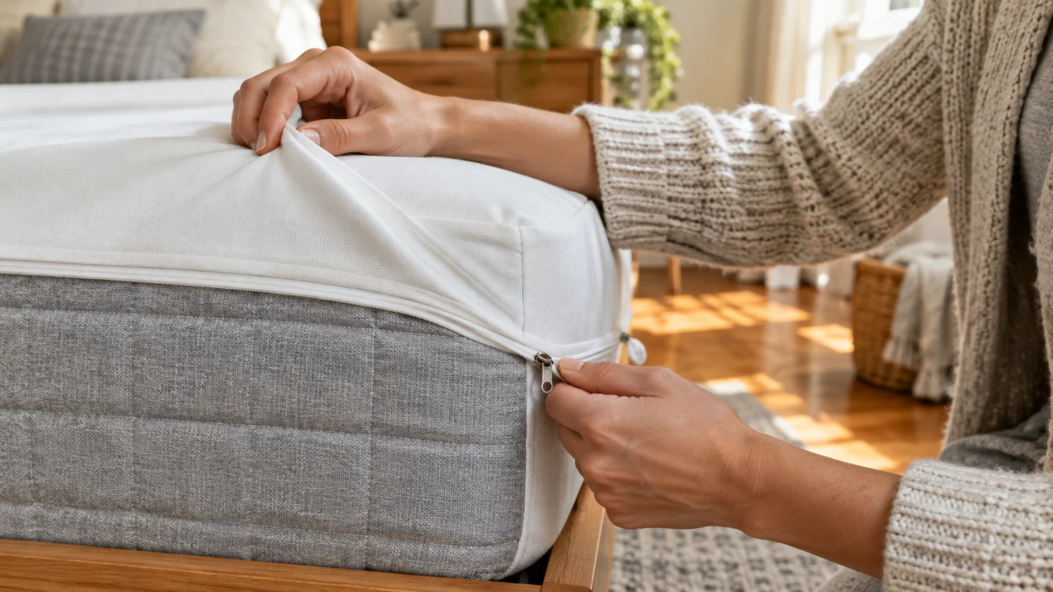 A person zips a white allergen-impermeable cover onto the corner of a grey mattress on a bed frame.