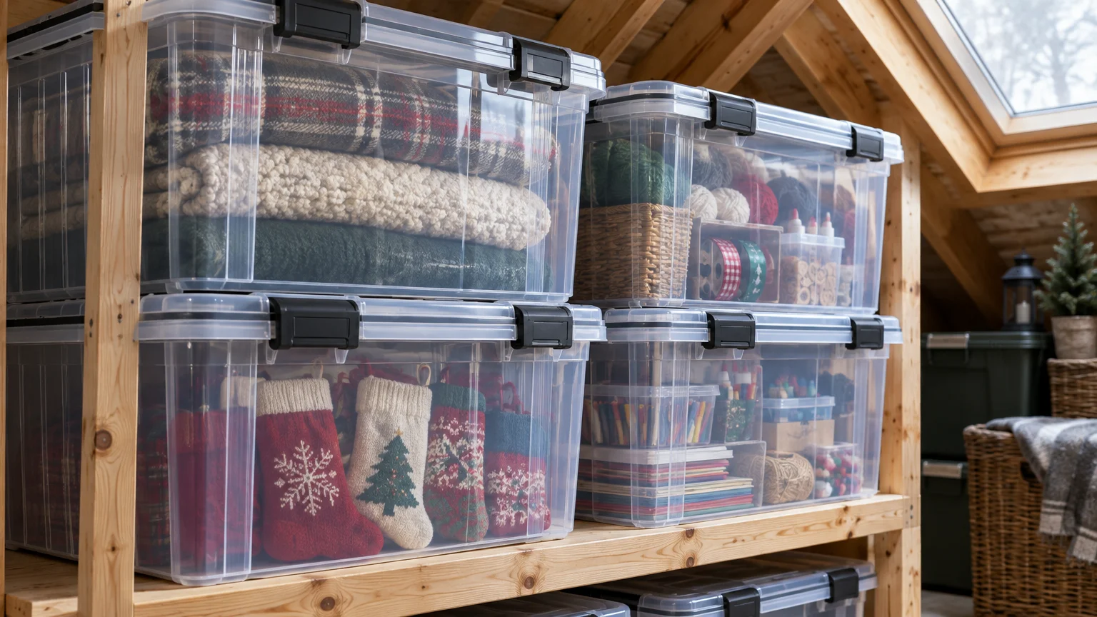 Clear plastic storage bins with black locking latches stacked on wooden shelves inside a wood-framed attic.