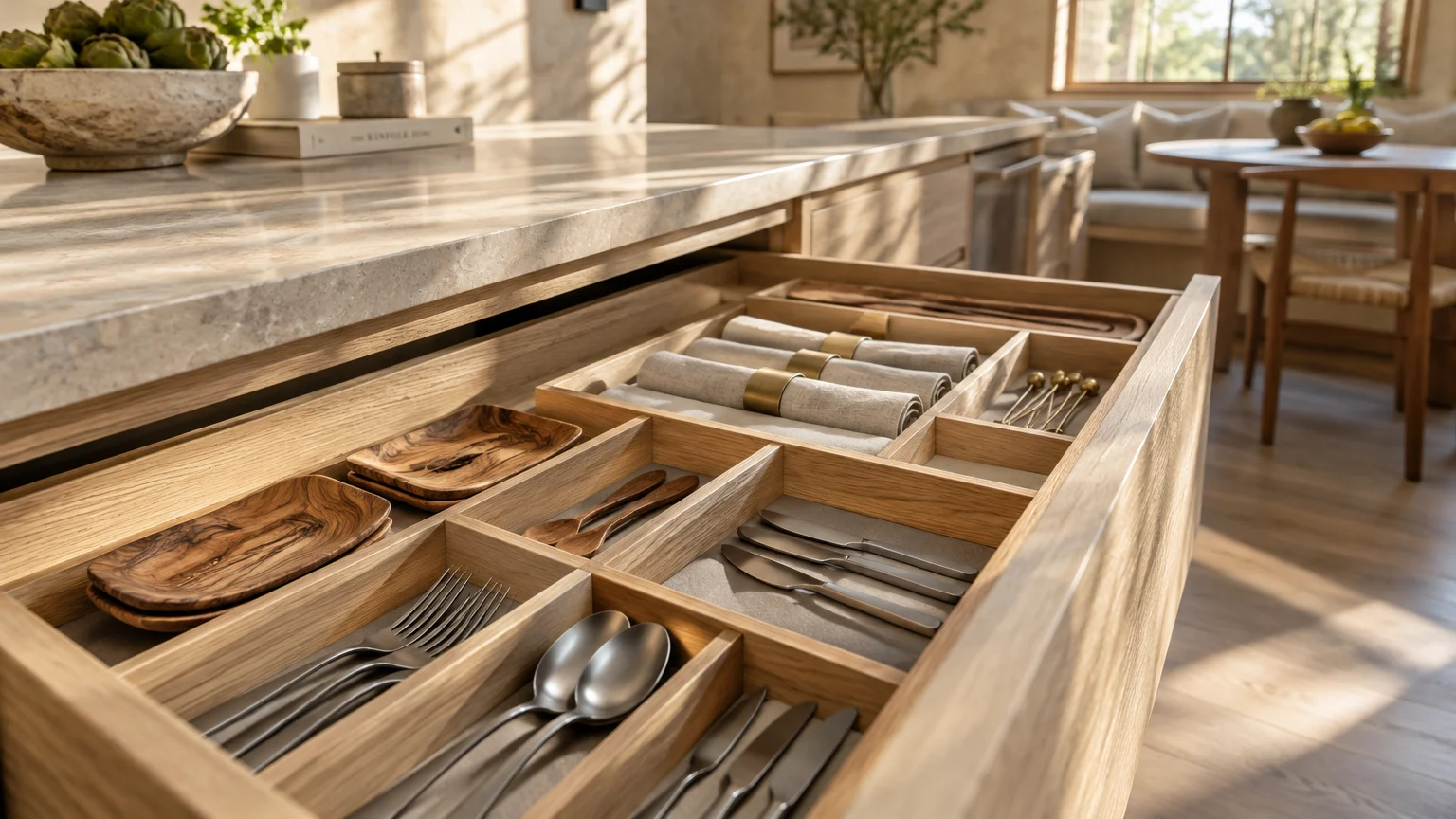 Open wooden kitchen island drawer fitted with custom divider compartments holding cutlery, rolled napkins, and dishes.