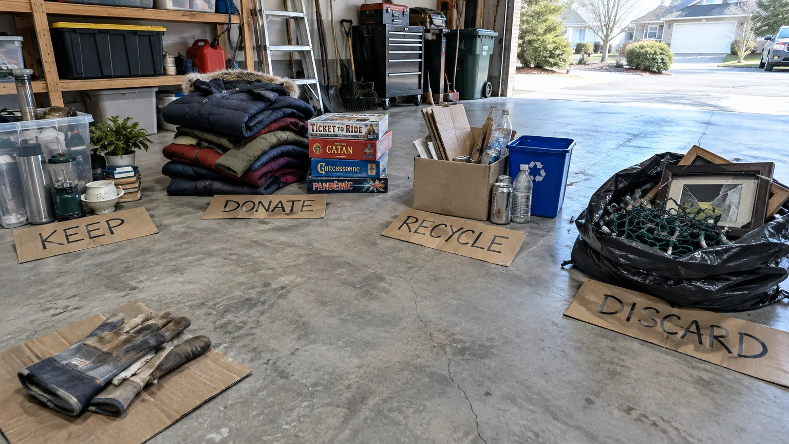 Four piles of household items sorted across a garage floor labeled keep, donate, recycle, and discard on cardboard signs.