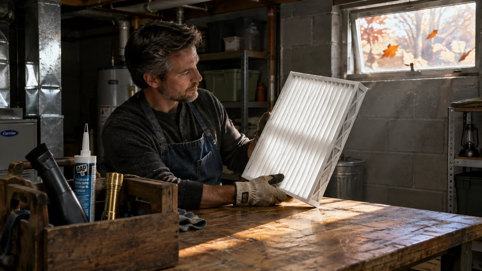 A man wearing work gloves inspects a clean, white pleated furnace air filter at a wooden workbench in a basement.