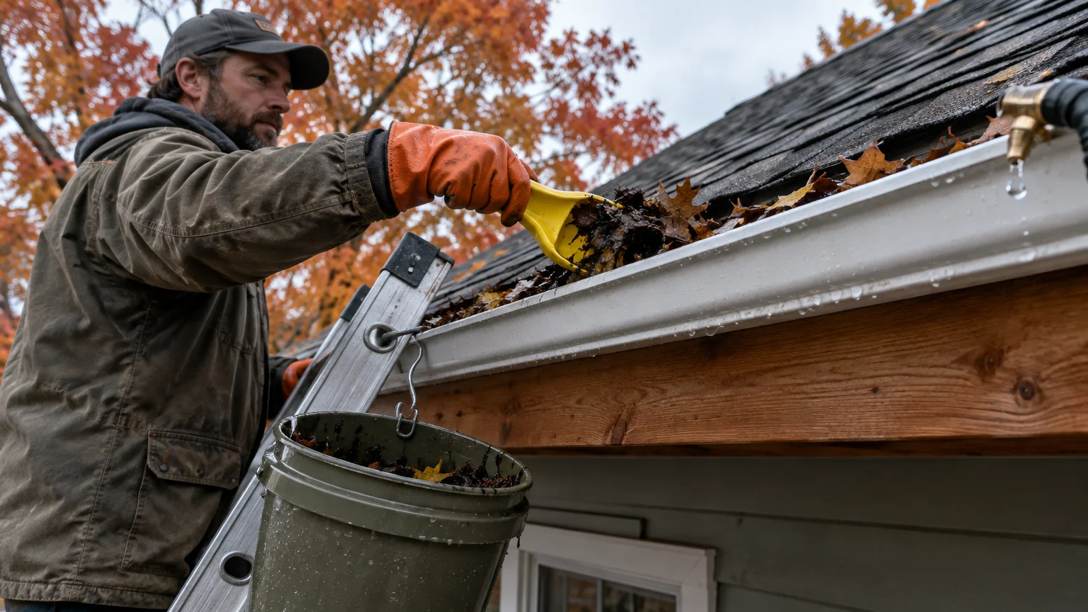 A man on a ladder scoops wet autumn leaves out of a white roof gutter using a yellow plastic scoop into a bucket.