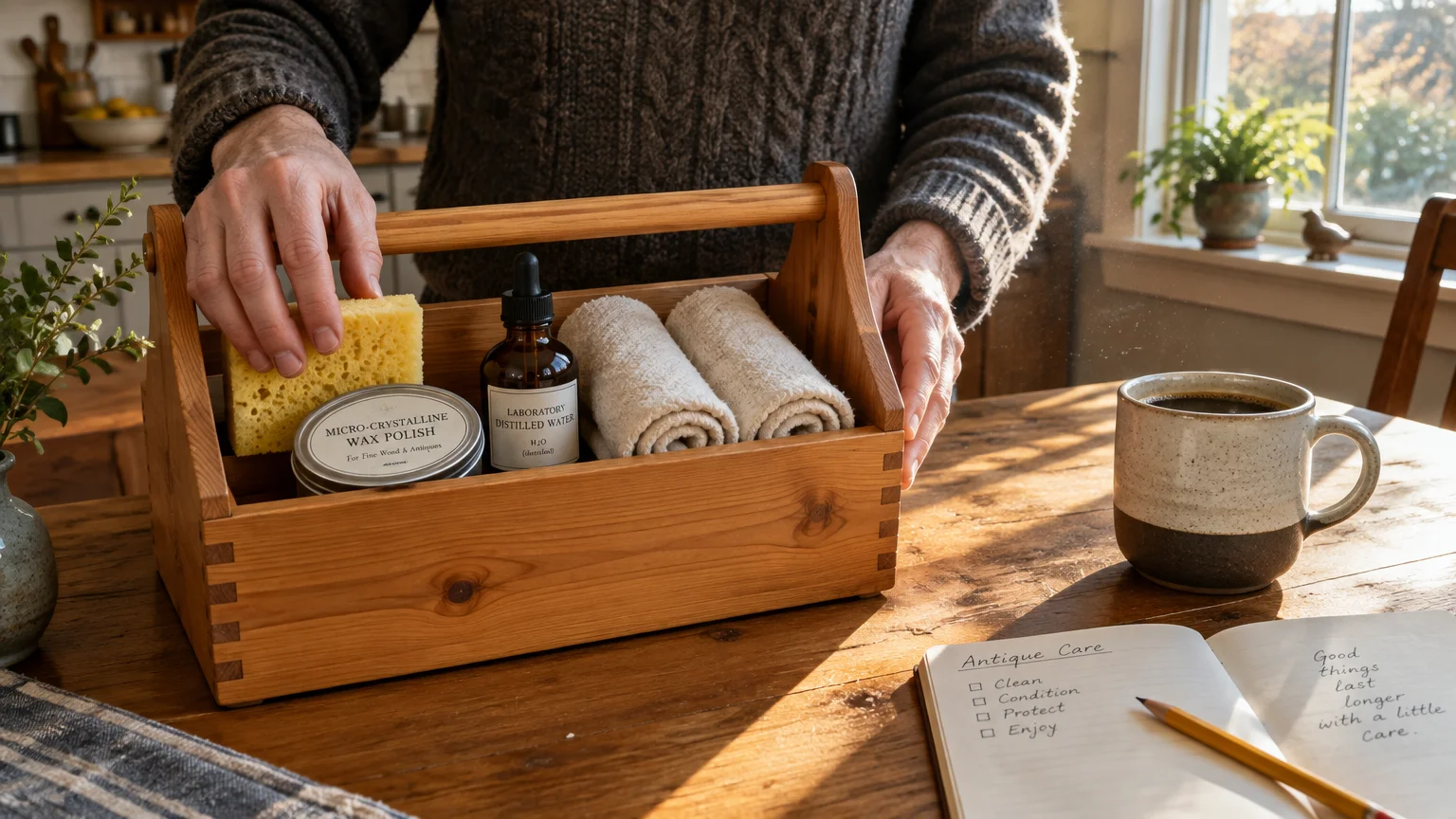A person arranges a wooden caddy holding micro-crystalline wax, distilled water, rolled towels, and a sponge on a table.
