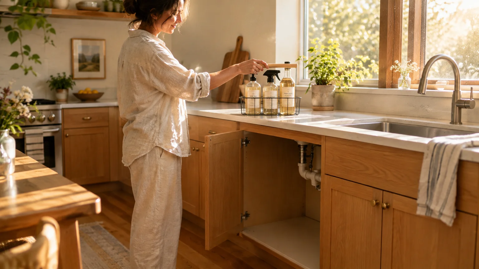 A woman stands by an open under-sink cabinet in a bright kitchen, placing a wire caddy of cleaning bottles on the counter.