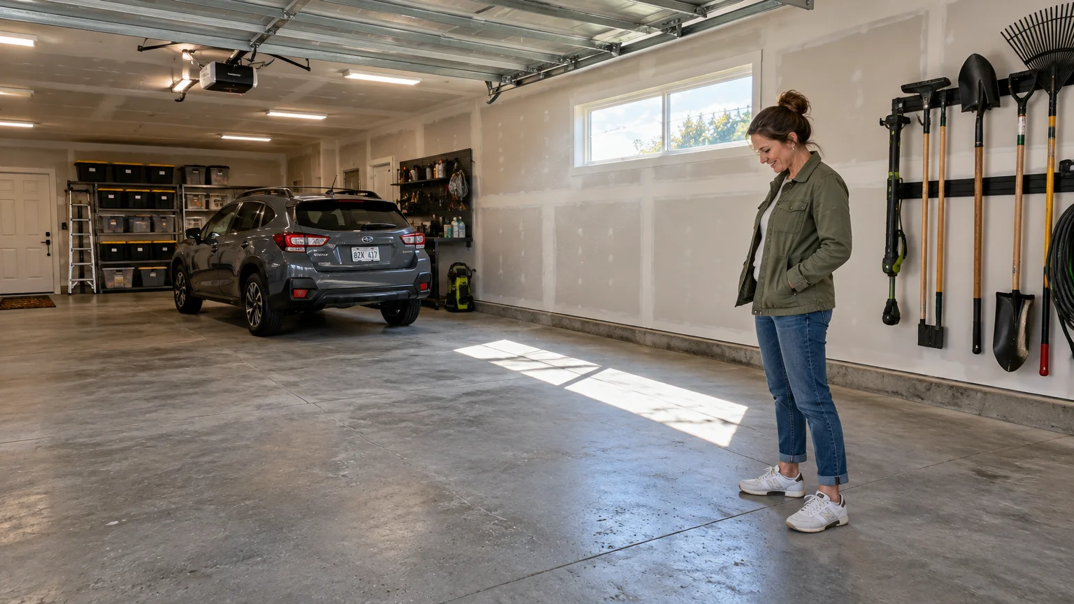 Woman standing in a spacious garage with organized tool racks on the wall and a car parked inside.
